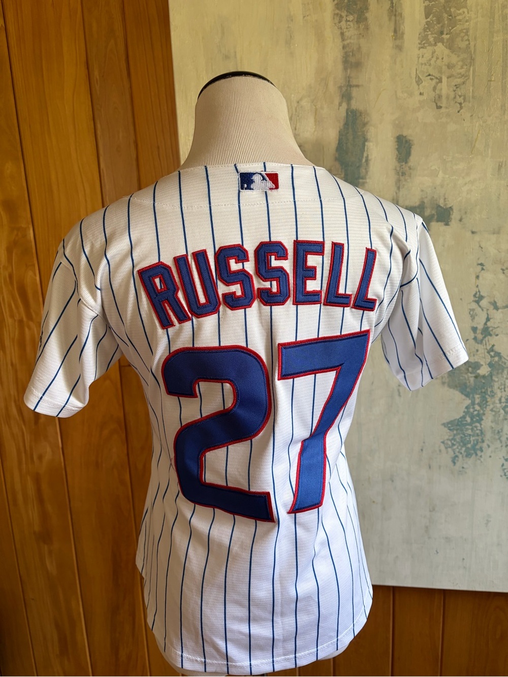 Majestic MLB Russell #27 White Royal Blue Pinstripe Chicago Cubs Jersey Small